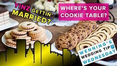 an advertisement for a wedding party with cookies and desserts on the table in front of it