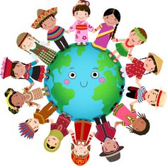 children standing around the earth with their hands together and looking up at the sky on white background