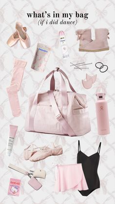 the contents of a pink bag and its contents are shown in this image, with text that reads what's in my bag if i did dance?