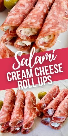 salami cream cheese rolls with olives on the side and text overlay that reads salami cream cheese rolls