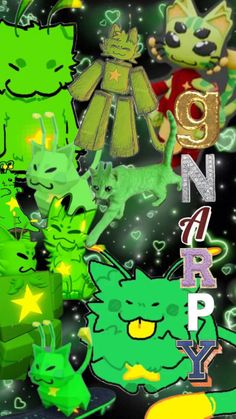 an image of some cartoon characters on a black background with the words go n'arp