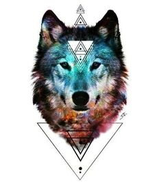 a wolf's head is shown with triangles in the shape of triangles on it