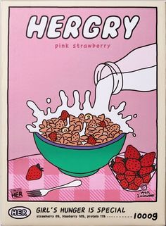 a cereal box with pink strawberrys and milk being poured into it, on top of a checkered table cloth