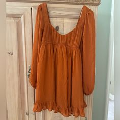 Xs Never Worn. With Tags. Burnt Orange Velvet Dress Short, Burnt Orange Long Sleeve Dress, Lined Long Sleeve Mini Dress For Date Night, Long Sleeve Lined Mini Dress For Summer, Chic Long Sleeve Lined Mini Dress, Flowy Lined Mini Dress For Brunch, Fall Mini Dress For Brunch, Long Sleeve Flowy Dress For Date Night, Flowy Long Sleeve Dress For Date Night