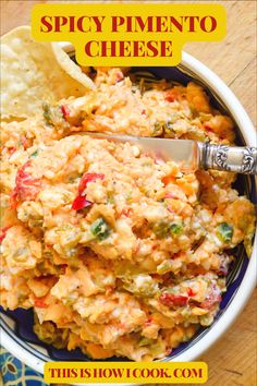 this is how to make spicy pimentoo cheese in a bowl with a spoon