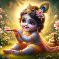 a baby sitting in the grass with a flute and flowers around her neck, playing music