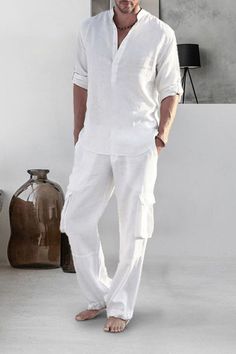 White Linen Outfit For Men, Linen Clothes Men, Linen Outfits For Men, Linen Shirt And Pants, All White Mens Outfit, Linen Outfit Men, White Linen Outfit, Mens Linen Outfits, All White Party Outfits