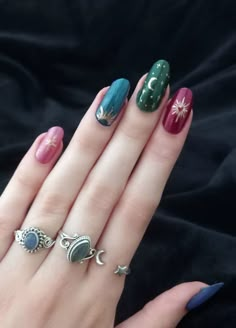 Whimsigoth whimsical glitter nail art nail inspo sun moon stars gold Whimsigoth Sun And Moon, Nails Whimsigoth, Whimsical Goth Nails, Whimsigoth Nail Art, Whimsigoth Nails Short, Alchemy Nails, Whimsigothic Nails, Whimsy Goth Nails, Hippie Nail Art Boho