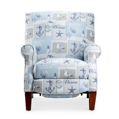 a blue and white chair with an ocean theme on it