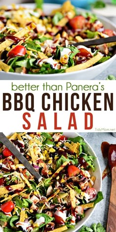 two plates filled with salad next to each other and the words better than panera's bbq chicken salad