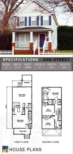 two story house plans with an open floor plan for the first and second floors are shown