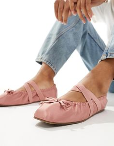 Shoes by ASOS DESIGN Um, yes pliés Elasticized straps Bow detail Square toe Flat sole Best Shoes For Wide Feet For Women, Satin Ballet Flats, Sacs Tote Bags, Ballet Style, Platform Flats, Ballet Pink, Winter Party Dress, Wide Shoes, Maternity Shops