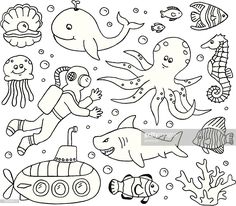 black and white underwater scene with children swimming in the ocean, fish, octopus, jellyfish