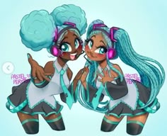 two cartoon girls wearing headphones and dresses