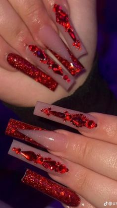 Long Acrylic Nail Designs With Rhinestones, Long Christmas Acrylic Nails Red, Baddie Red Nails Acrylic, Red And Silver Quince Nails, Red French Tip Nails With Diamonds, Red Nails Birthday Set, Xl Red Nails, Red Rhinestone French Tip Nails, Red Nails With Diamonds Rhinestones