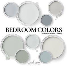 several different shades of gray paint on white walls with the words bedroom colors above them