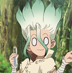 an anime character with green hair holding a cell phone in his hand and pointing at the camera