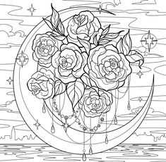 a coloring page with flowers on the moon