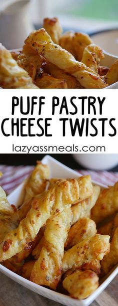 puff pastry cheese twists in a white bowl on a wooden table with text overlay