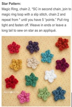 crochet stars are shown in different colors and sizes, with the words star pattern on