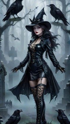 a woman dressed as a witch standing in front of some crows