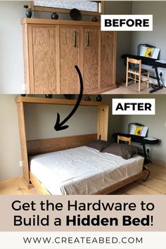 the before and after pictures of a bed with built - in storage space above it