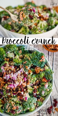 broccoli crunch salad in a white bowl with a spoon