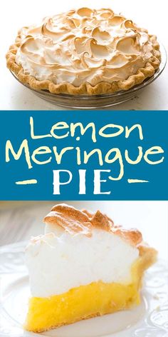 lemon meringue pie on a plate with the words lemon meringue pie above it