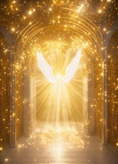 an archway with lights shining down on the floor and white angel wings in the center