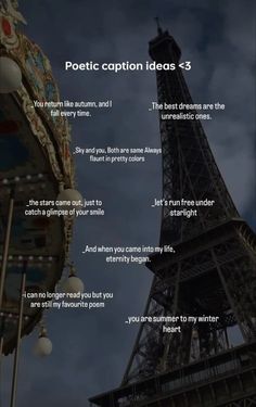 the eiffel tower is shown with some words written on it in front of it