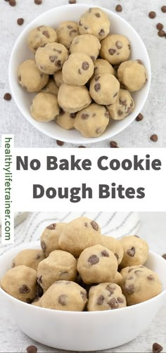 no bake cookie dough bites in a white bowl with chocolate chips on the side