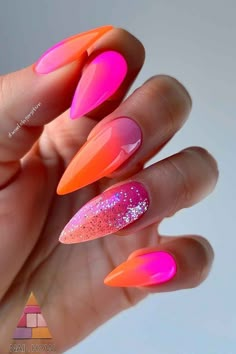 Summer Glitter Nail Ideas, Orange Neon Nails Design, Coral Pink Nails Designs, Neon Glitter Nails Summer, Orange Pink Nails Summer, Nails 2024 Pink, Bright Ombre Nails Summer, Neon Summer Nails Designs, Neon Nails Designs Summer 2024