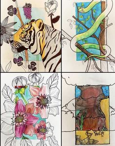 four different pictures with flowers and animals on them, one in the process of collage