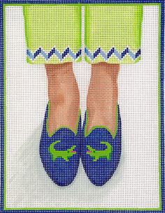 a woman's feet in blue and green shoes