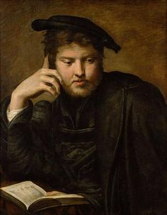 a painting of a man with a book in his hand and wearing a black hat