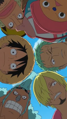 several cartoon faces are shown in the middle of an animated scene with blue sky and clouds behind them