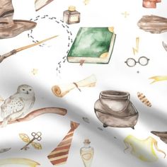 watercolor illustration of harry potter's hat, wands, and other items