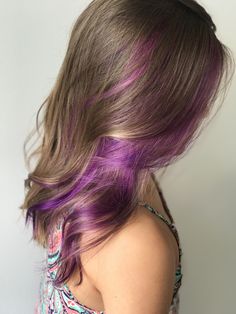 Dyed Hair Ideas For Kids, Peekaboo Hair Medium Length, Purple Highlights Light Brown Hair Peekaboo, Cute Hair Colors For Dark Brown Hair, Bright Hair Colors For Brunettes, Fun Hair Color Ideas For Light Brunettes, Peekaboo Hair Color Brunettes Purple, Purple Hair Color Ideas Underneath, Colorful Streaks In Brown Hair