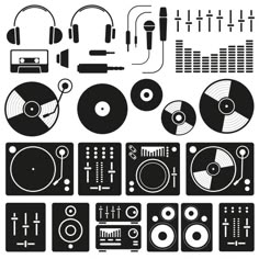 dj equipment silhouettes with headphones, turntables and other electronic devices illustration