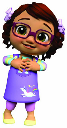 a cartoon girl with glasses and a unicorn on her shirt is standing in front of the camera