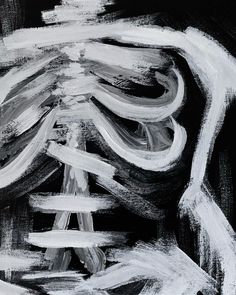 a black and white painting of a skeleton with multiple lines coming out of it's chest