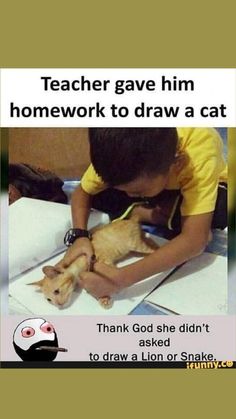 a young boy is petting a cat on the floor with an ad in front of him that reads teacher gave him homework to draw a cat