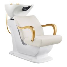 a white and gold reclining chair with an animal head on it's back