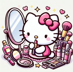 an image of hello kitty in front of makeup and make - up products on the table