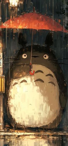 a painting of a totoro holding an umbrella over its head in the rain