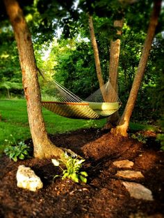 a hammock hanging between two trees in a park