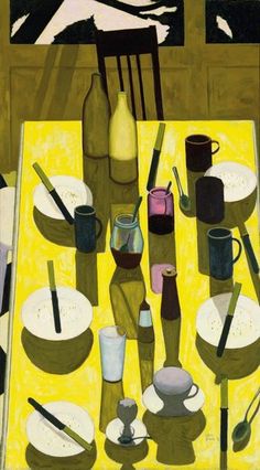 a painting of a table with dishes and utensils on it