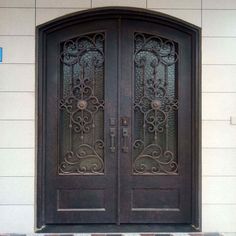 aged bronze wrought iron double door with eyebrow arched top Front Double Door, Iron Front Door, Iron Entry Doors, Elegant Entryway, Heavy Duty Hinges, Door Sweep, Home Insulation, Copper Paint, Double Front Doors