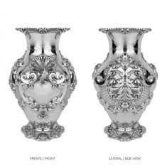 two silver vases sitting side by side on top of each other with different designs