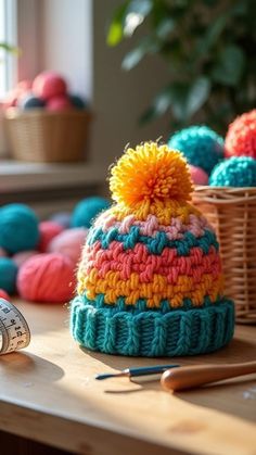 a knitted hat sitting on top of a wooden table next to a measuring tape